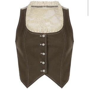 S Brown Scoop Neck Ruffle Lace-Trim Button-front Crop Tank